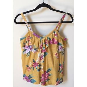 Yellow Floral Ruffle V-neck Tank Top